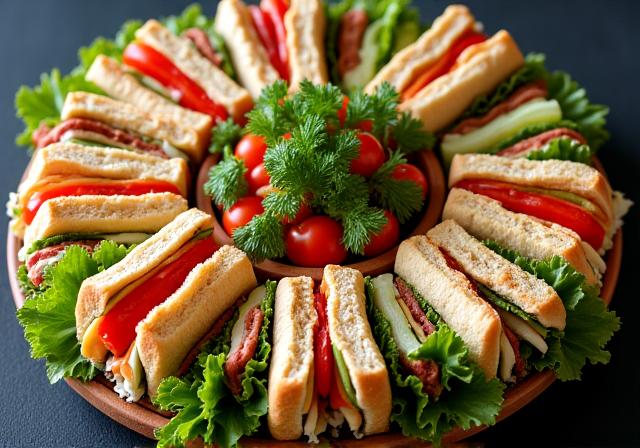 A beautiful platter of assorted sandwiches and wraps for catering