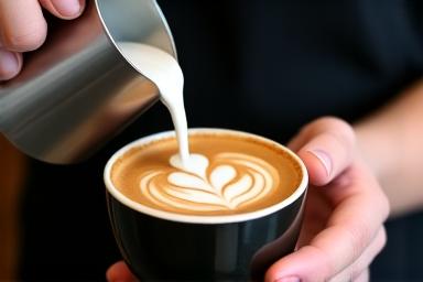 A barista pouring intricate latte art into a cup