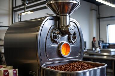 A stainless steel coffee roasting machine in action