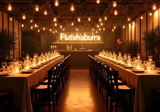 The cafe interior set up for an evening event with warm lighting