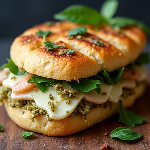 A toasted chicken and pesto sandwich