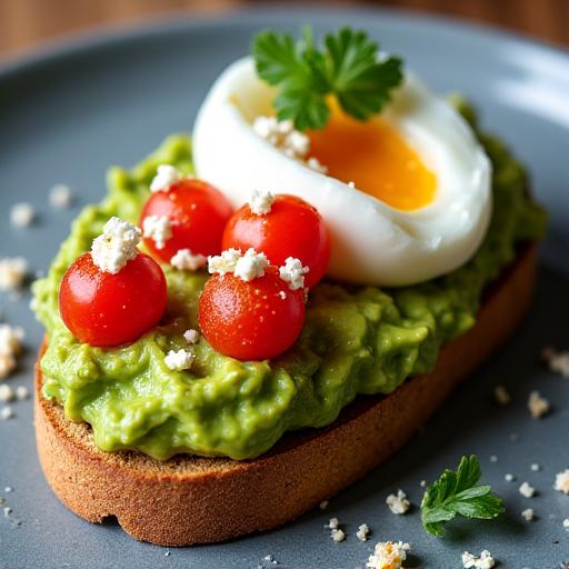 A plate of smashed avocado on toast with feta and a poached egg